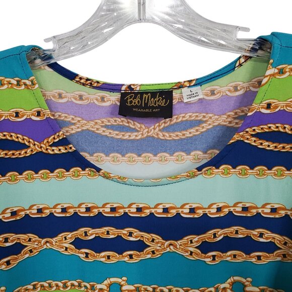 Bob Mackie Wearable Art L Tunic Top Chain Print Multicolor Liquid Knit Pullover - Picture 9 of 10